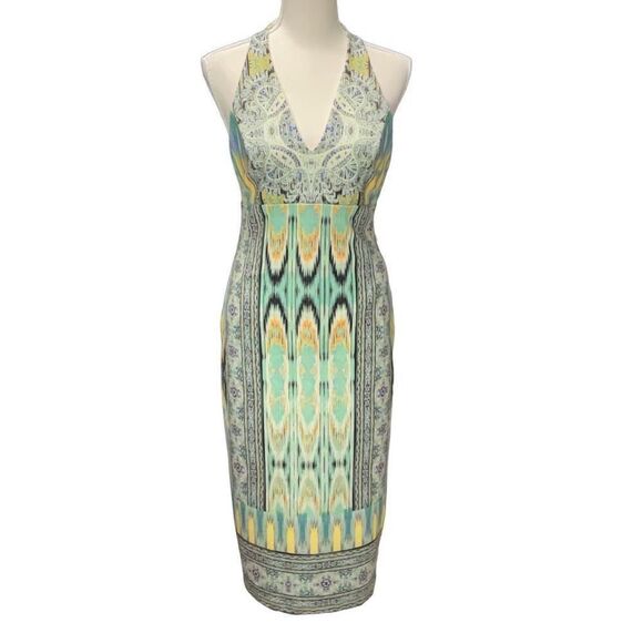 Hale Bob Geometric Colorful Lined Halter Stretch Bodycon Midi Dress V Neck M NWT - Picture 1 of 10